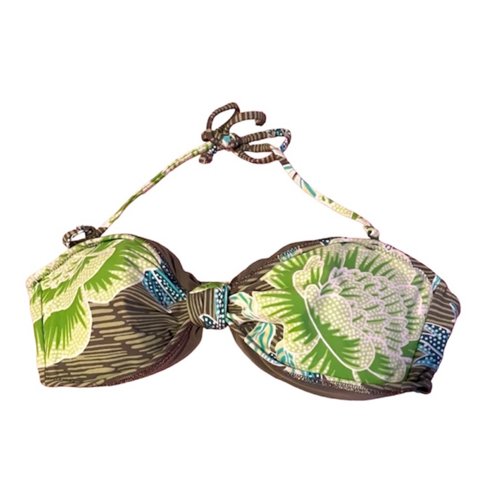 Aerie Green Floral Tropical Print Bandeau Bikini Front Tie Top